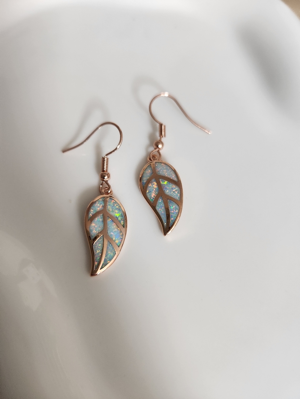 Rose Gold Plated Opal Leaf Dangle Earrings
